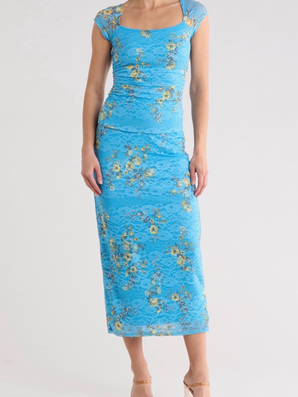 AFRM Turquoise Blue Floral Lace Maxi Skirt